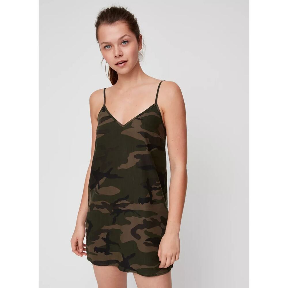 TNA Women's Yirrell Dress XXS Green Camouflage Adjustable Strap V-Neck Slip Mini